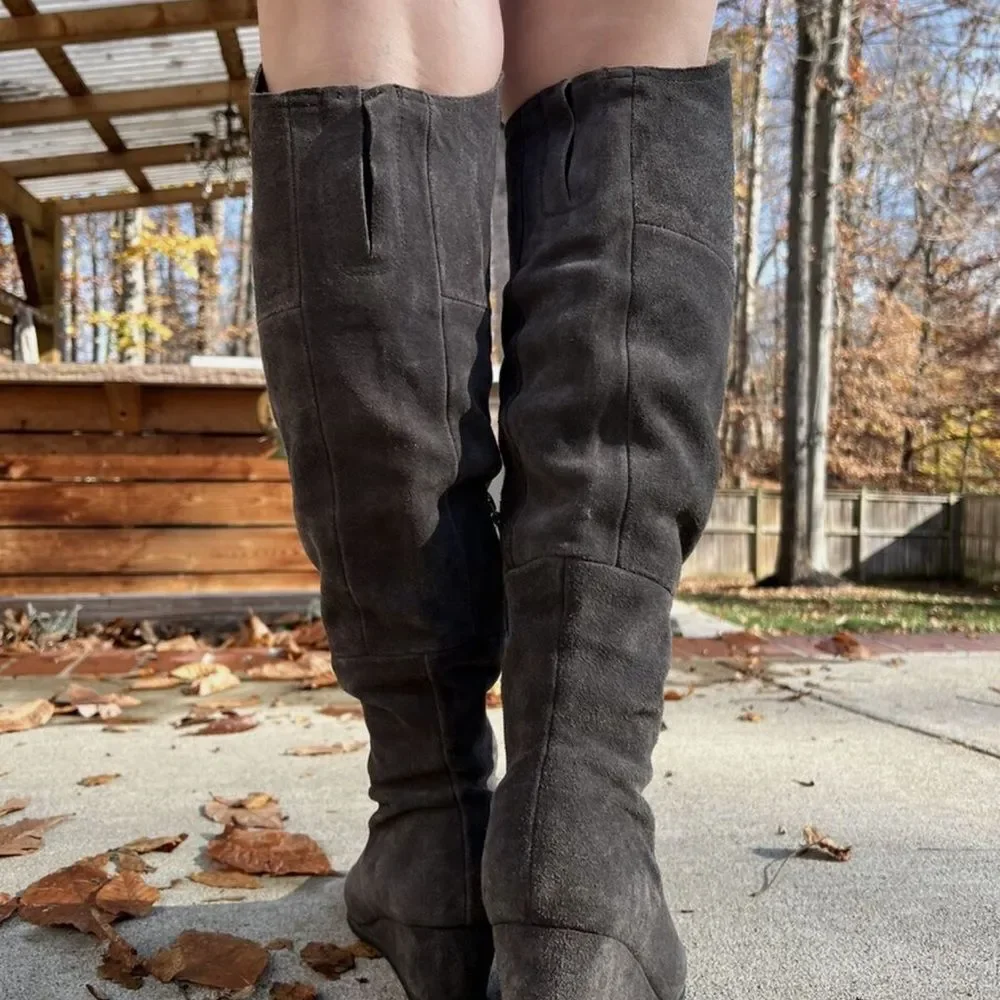 Franco Sarto Abela Suede Over-the-Knee Charcoal Gray Zip Boots Sz 6